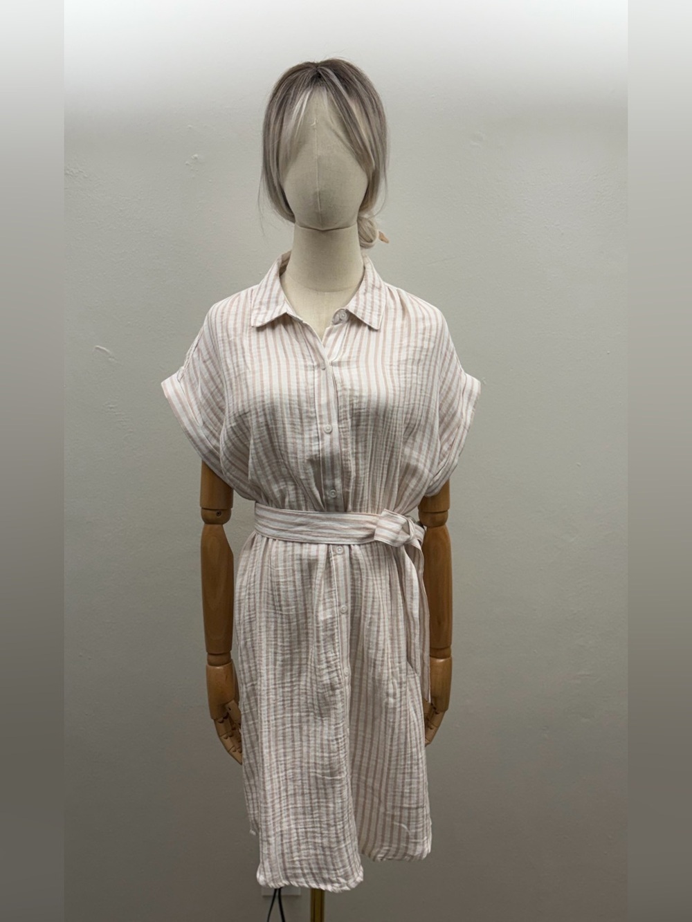 NWT Vintage America Pink White Striped Shirt Dress Belted Cotton Midi Dress M